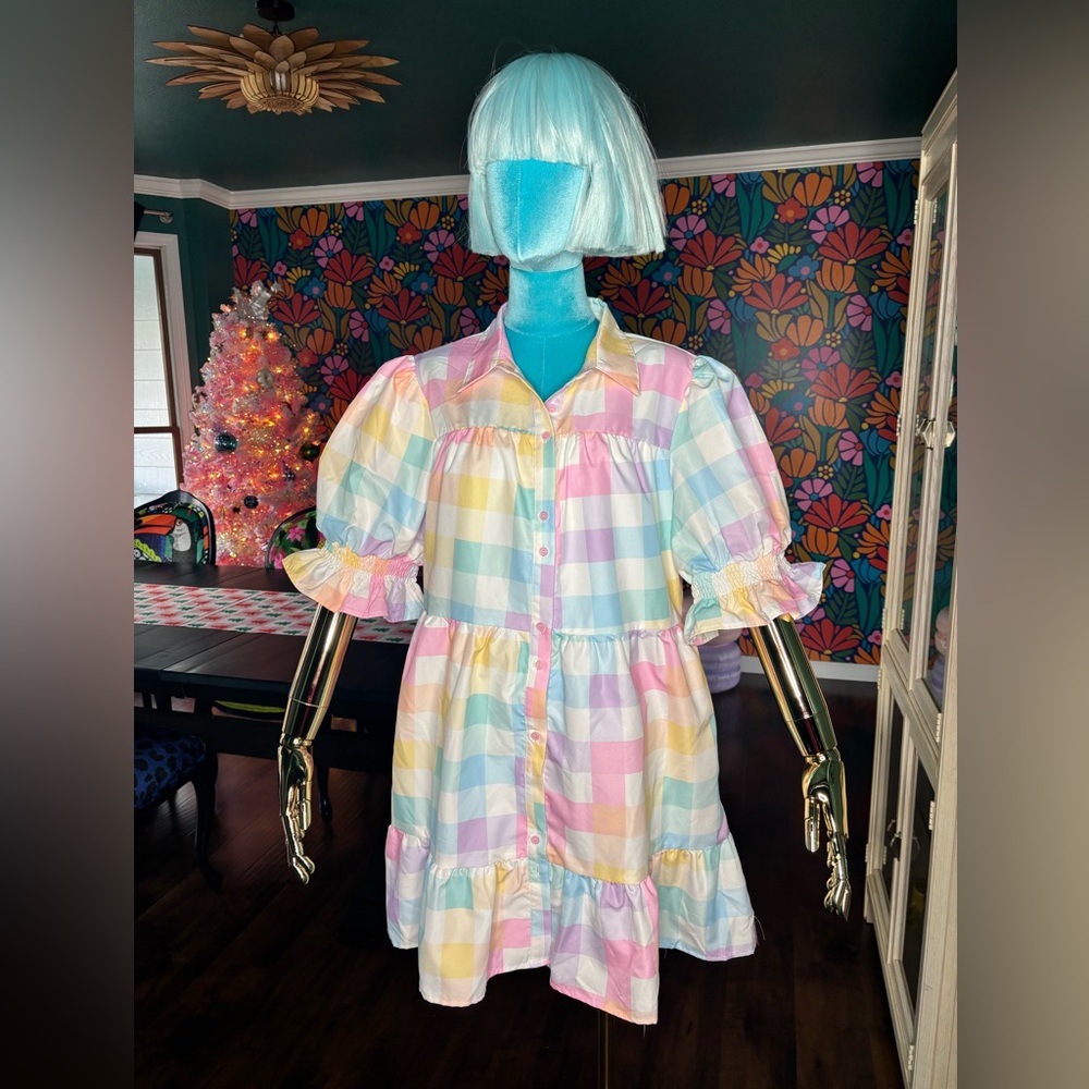 Fantastic Fawn Pastel Plaid Button-Up Spring Easter Dress